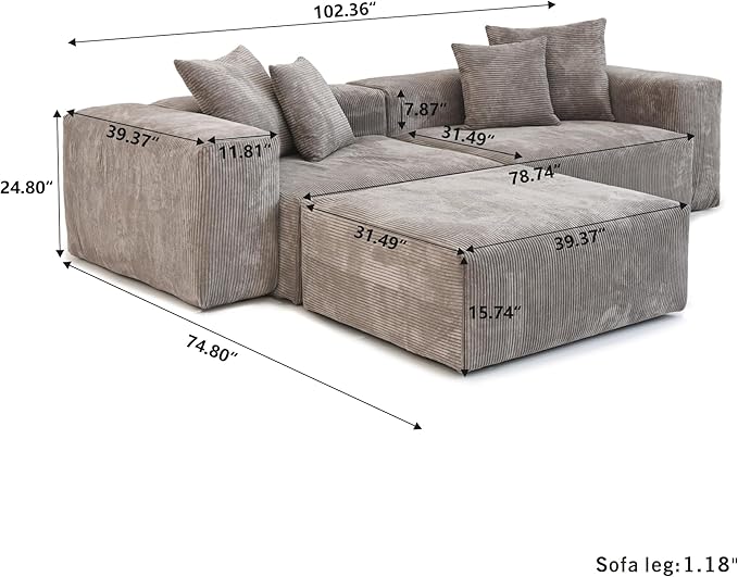 Kanso Corduroy Modular Bouclé Cloud Couch - Brown - 2-Seater Sectional Sofa with Ottoman - Nuvé