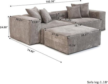 Kanso Corduroy Modular Bouclé Cloud Couch - Brown - 2-Seater Sectional Sofa with Ottoman - Nuvé