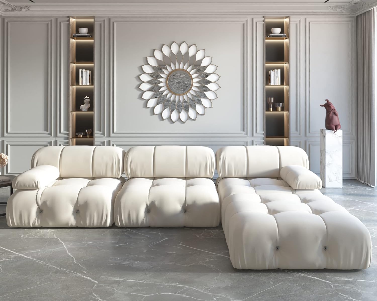 Nuvé® Takumi Velvet Modular Bouclé Cloud Sofa - Beige - 3-Seater Sofa with 1 Ottoman - Nuvé