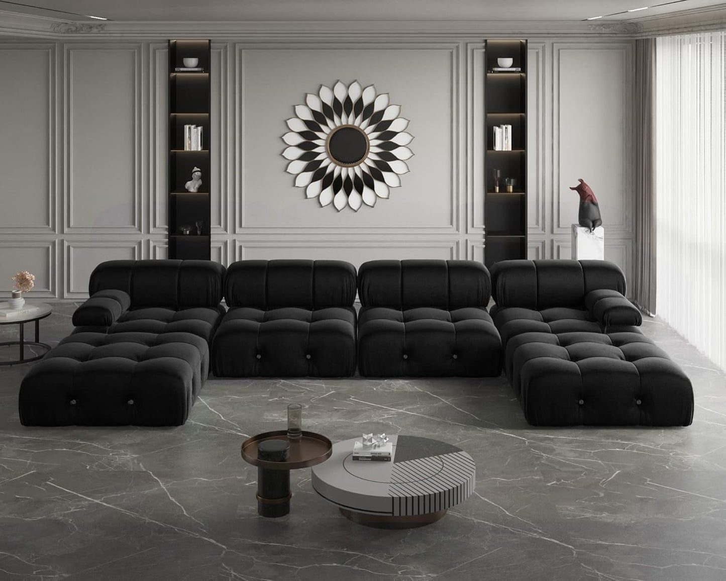 Nuvé® Takumi Velvet Modular Bouclé Cloud Sofa - Black - 3-Seater Sofa with 2 Ottoman - Nuvé
