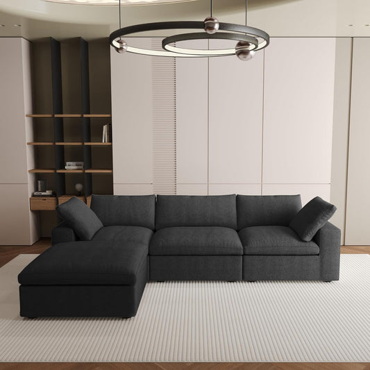Nuvé® Solace Modular Bouclé Cloud Sofa - Obsidian Black - 3-Seater Sectional Sofa with Ottoman - Nuvé