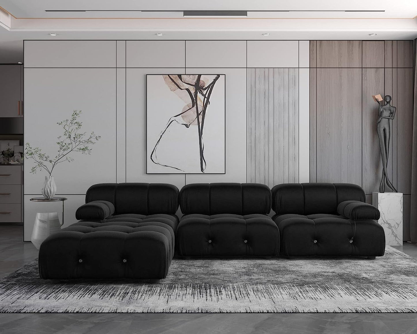 Nuvé® Takumi Velvet Modular Bouclé Cloud Sofa - Black - 3-Seater Sofa with 1 Ottoman - Nuvé
