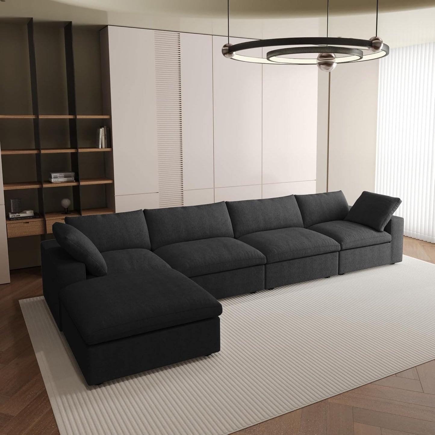 Nuvé® Solace Modular Bouclé Cloud Sofa - Obsidian Black - 4-Seater Sectional Sofa with Ottoman - Nuvé