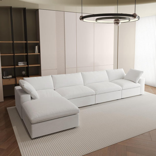 Nuvé® Solace Modular Bouclé Cloud Sofa - Snow White - 4-Seater Sectional Sofa with Ottoman - Nuvé