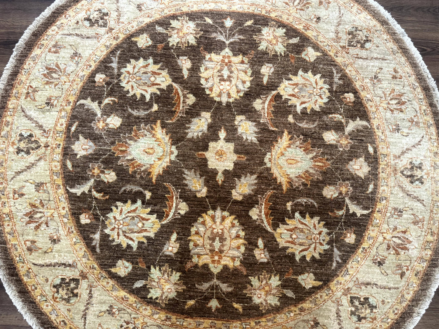 Round Pakistani Rug 6x6, Brown and Beige, Floral, Peshawar Rug, Traditional - Nuvé