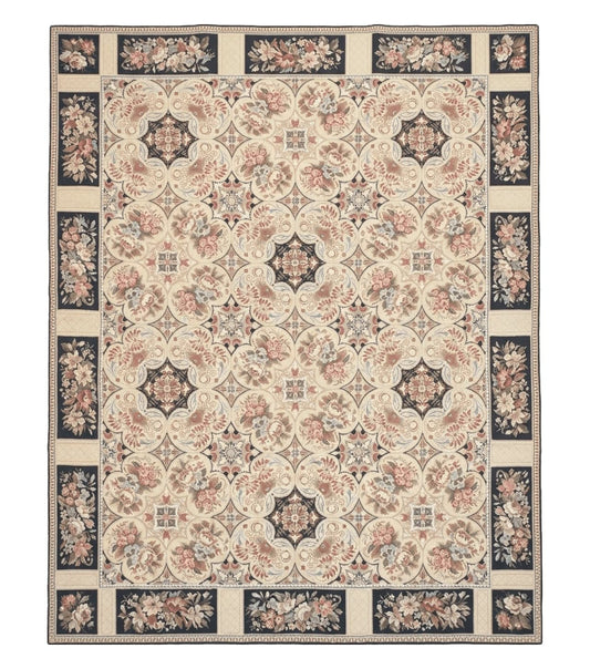 Needlepoint Rug 8x10ft Allover European Design Flowers 100% Wool Hand Knotted Aubusson Area Rug Brand New Flatweave Needle Point Carpet Chic