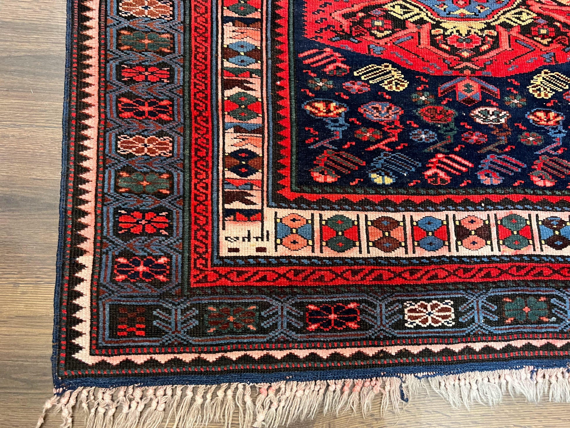 Antique Caucasian Seychour Rug 3.7 x 5.5, Collectible Oriental Carpet, Navy Blue and Red, Fine Kuba Rug, Vintage Rug, Wool Hand Knotted Rug - Nuvé