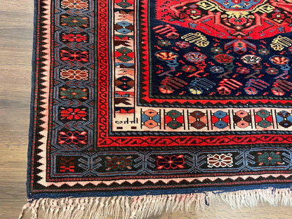 Antique Caucasian Seychour Rug 3.7 x 5.5, Collectible Oriental Carpet, Navy Blue and Red, Fine Kuba Rug, Vintage Rug, Wool Hand Knotted Rug - Nuvé
