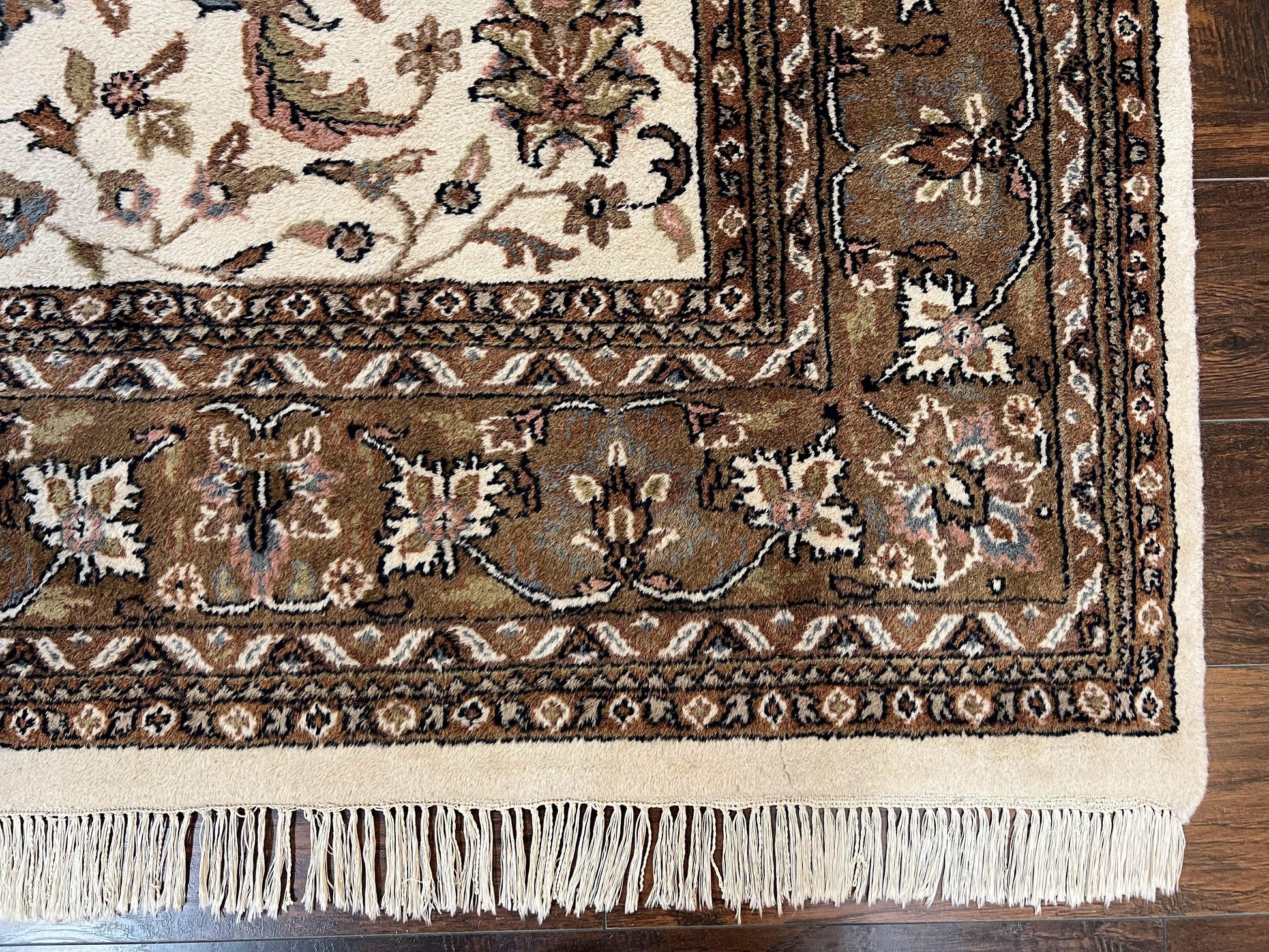Indo Kirman Rug 8x12 Allover Floral Design, Ivory/Cream Brown, Vintage Handmade Hand Knotted Rug, Traditional Wool Persian Carpet 8 x 12 - Nuvé