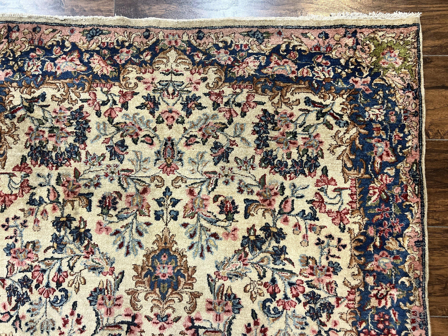 Antique Persian Kirman Rug 4x7, Cream and Navy Blue, Hand Knotted Wool Floral Carpet - Nuvé