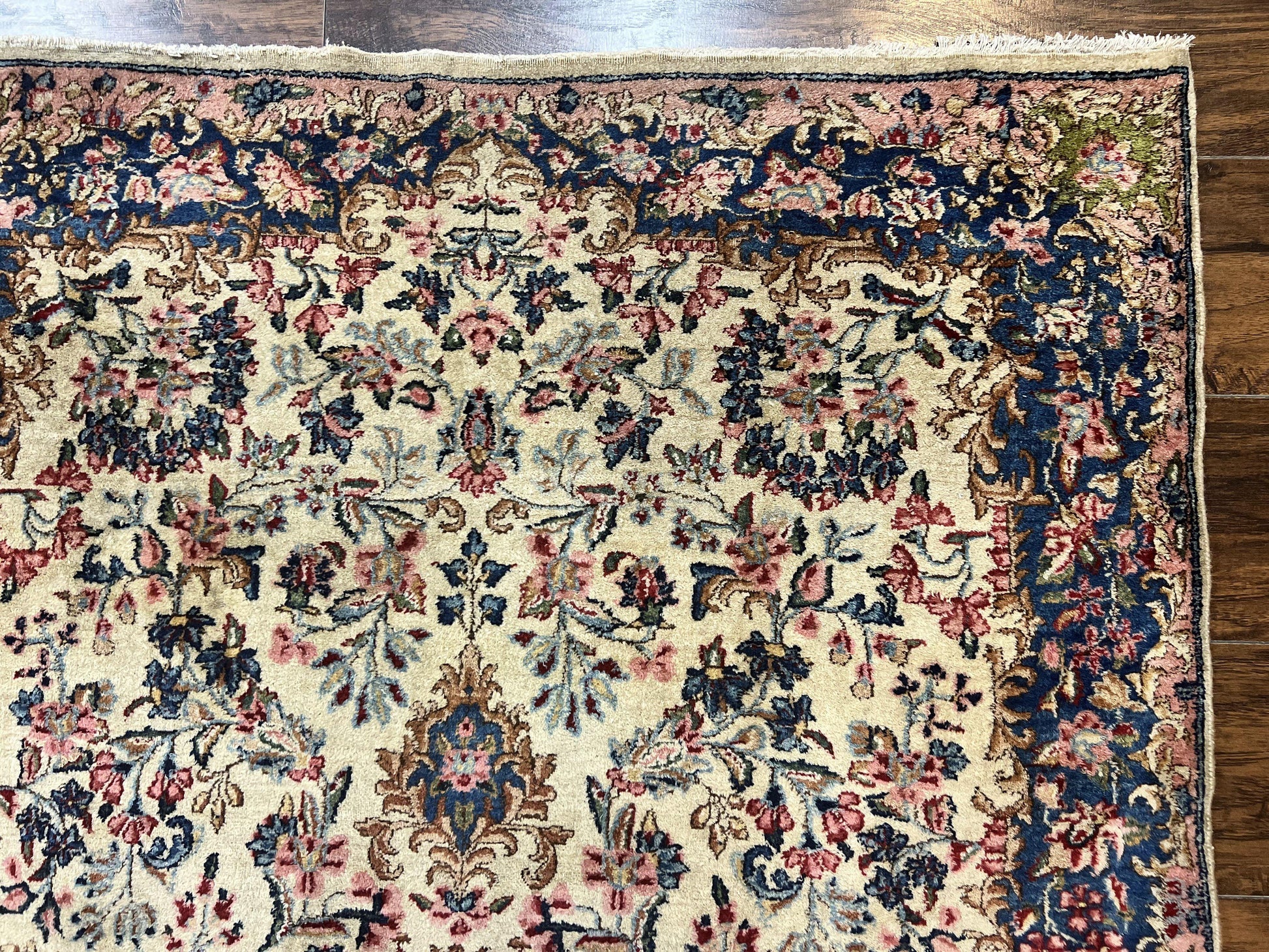 Antique Persian Kirman Rug 4x7, Cream and Navy Blue, Hand Knotted Wool Floral Carpet - Nuvé