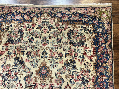 Antique Persian Kirman Rug 4x7, Cream and Navy Blue, Hand Knotted Wool Floral Carpet - Nuvé