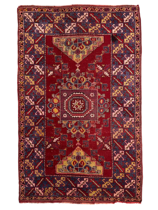 Dezgiri Anatolian Tribal Wool Rug – 5’x8’– Hand-Knotted Red Medallion Rug with Geometric Motifs - Nuvé