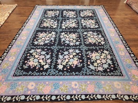 Chinese Needlepoint Rug 8 x 11.4, Hand-Woven Area Carpet, Flatweave Rug, Black Blue Light Violet Floral Garden European Design Wool Aubusson - Nuvé