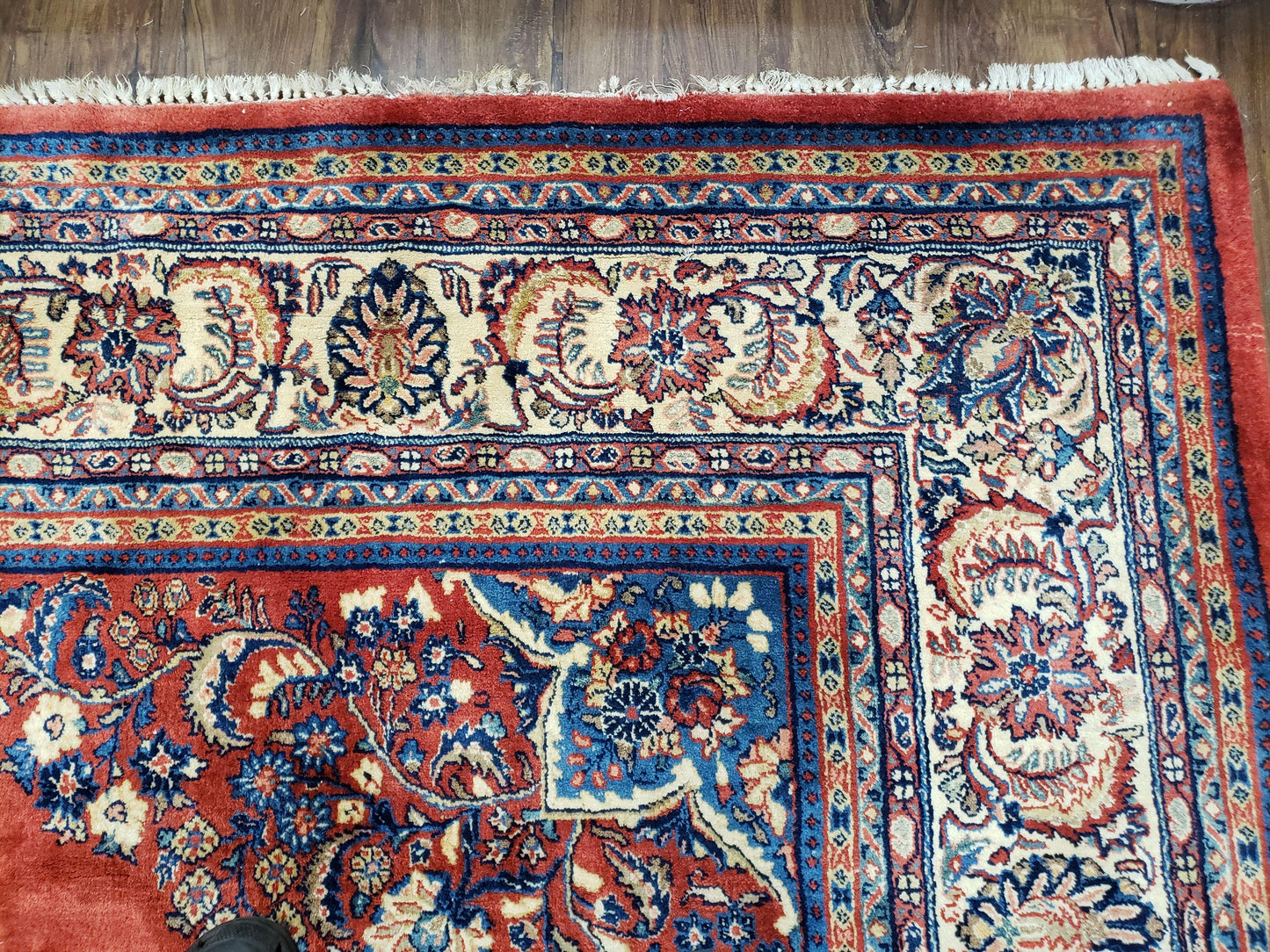 Semi Antique Persian Sarouk Rug 9x12,  Semi Open Field with Central Medallion, Hand Knotted Wool, Tomato Red, 9 x 12 Authentic Oriental Carpet - Nuvé