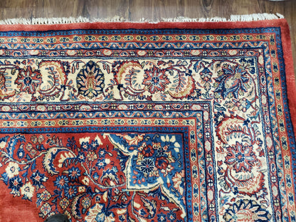 Semi Antique Persian Sarouk Rug 9x12,  Semi Open Field with Central Medallion, Hand Knotted Wool, Tomato Red, 9 x 12 Authentic Oriental Carpet