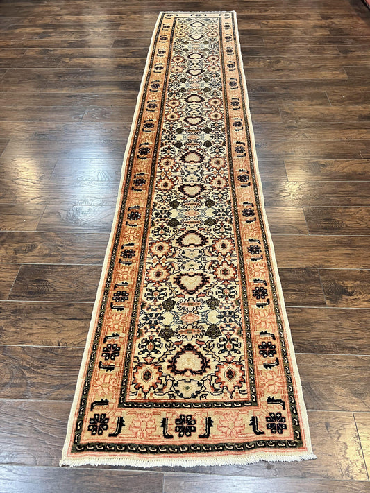 Romanian Runner Rug 2.6 x 12.9, Wool Handmade Hand Knotted Skinny Runner for Hallway, Floral Allover, Vintage Tan Runner - Nuvé