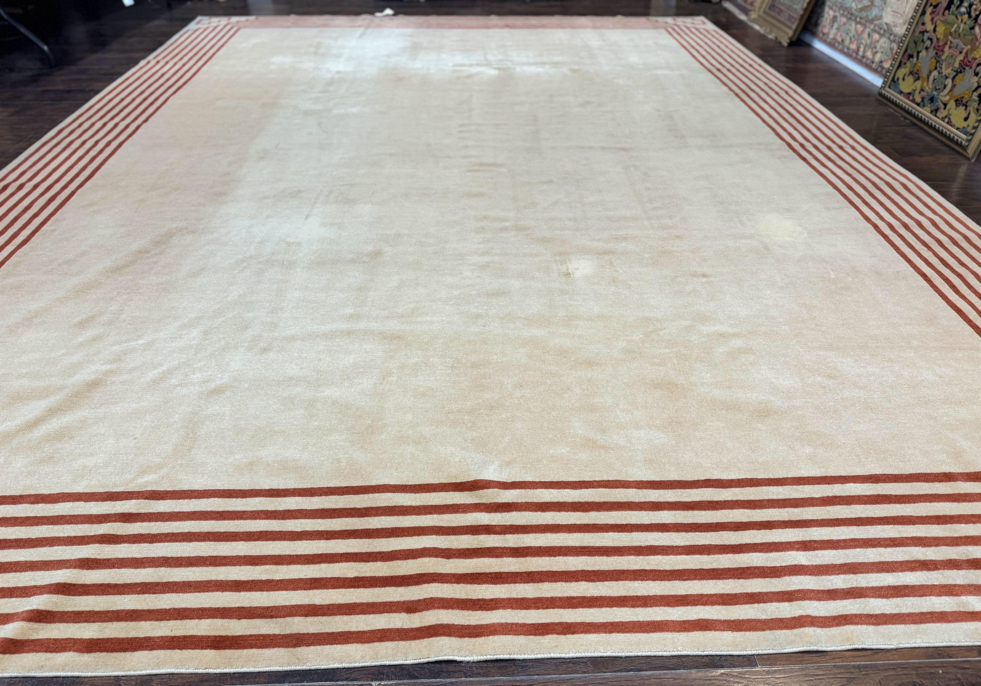 Modern Tibetan Rug 11 x 14.6, Wool and Silk, Simple Design, Handmade Large Area Rug, Cream - Nuvé