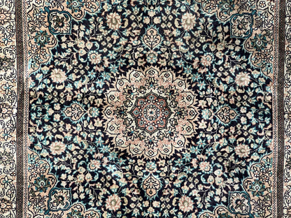 Sino Persian Silk Rug 2x2 ft, Very Fine High KPSI Small Silk Oriental Carpet, Hand-Knotted, Medallion, Vintage Silk Rug, Black Ivory/Cream