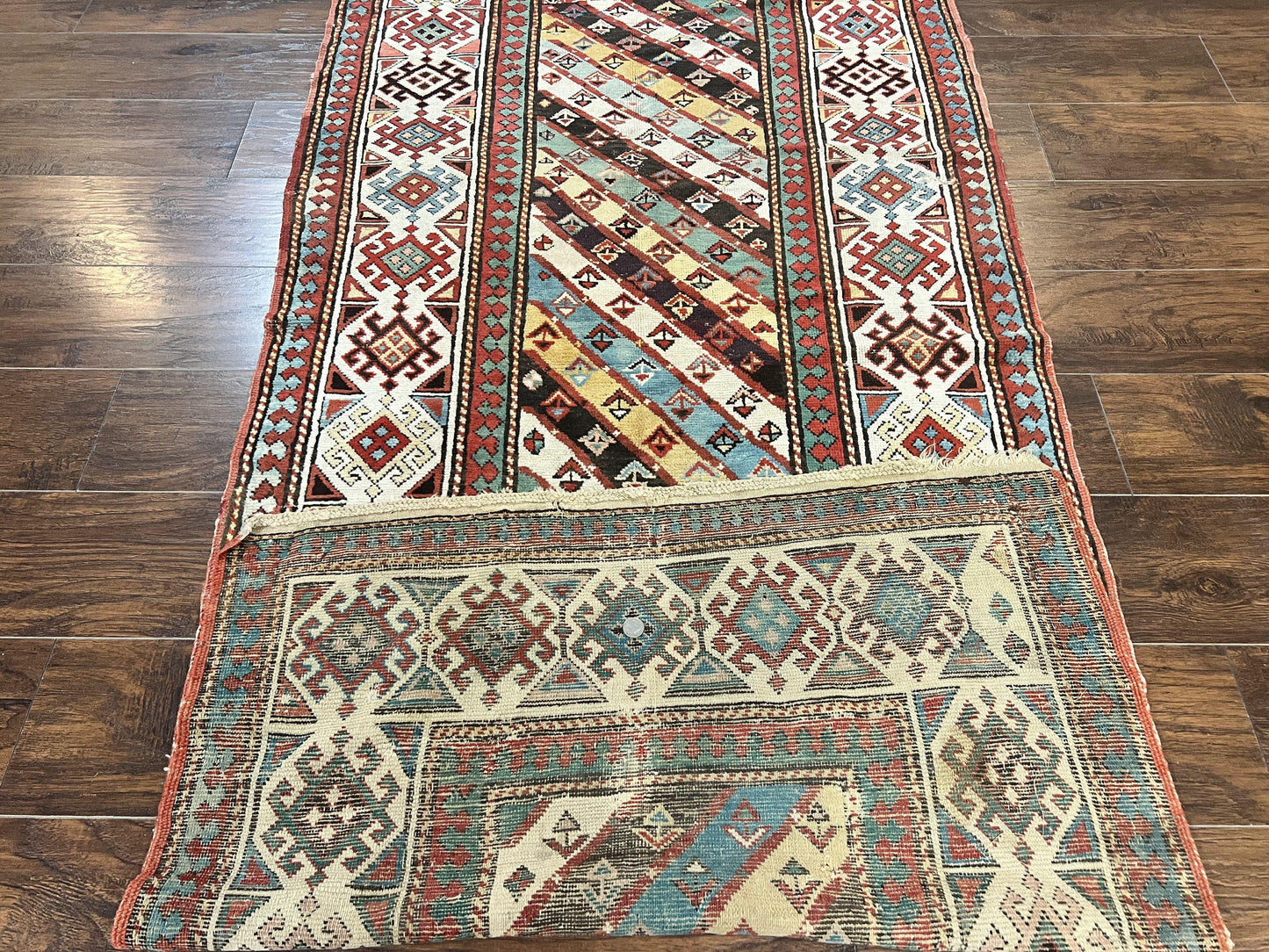 Caucasian Kazak Runner Rug 3.6 x 8, Wool Hand Knotted Antique 1880s Carpet, Ivory & Multicolor Stripes Oriental Runner Rug, Hallway Rug - Nuvé