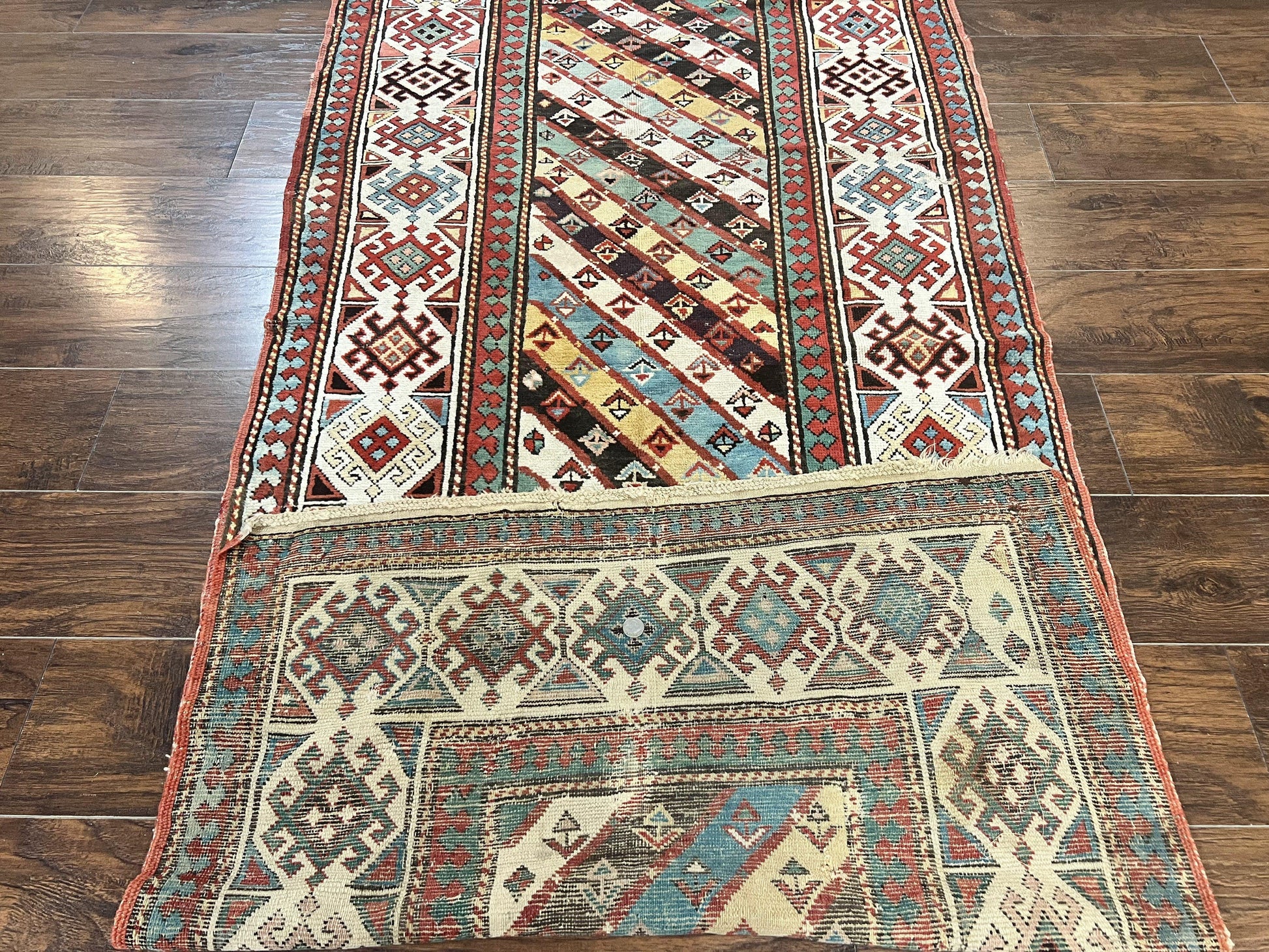 Caucasian Kazak Runner Rug 3.6 x 8, Wool Hand Knotted Antique 1880s Carpet, Ivory & Multicolor Stripes Oriental Runner Rug, Hallway Rug - Nuvé
