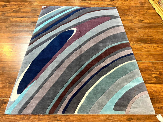 Modern Nepali Handmade Wool Rug 6x8, Blues Gray Mauve, Abstract, Nepali Tibetan Rug - Nuvé