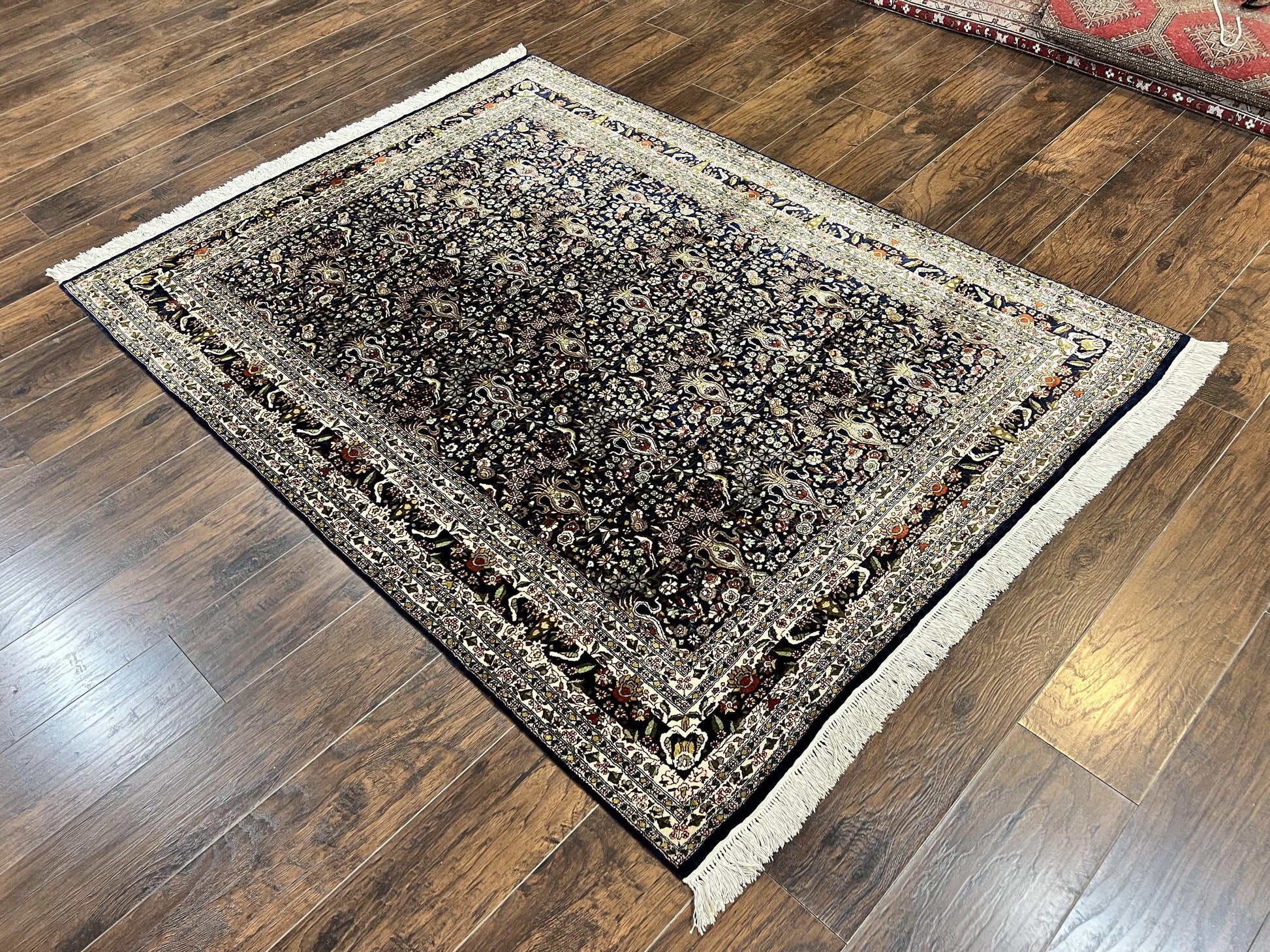 Silk Indian Kashmiri Rug 5x7, Navy Blue Indo Persian Silk Carpet 5 x 7 ft, Hand Knotted Handmade Very Fine Oriental Carpet, 450 KPSI, Birds - Nuvé
