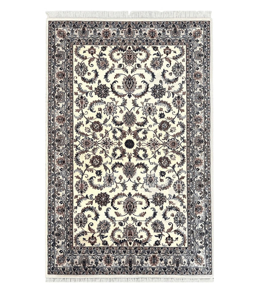 Indian Rug 5.7 x 9, Vintage Oriental Carpet, Handmade Hand Knotted Wool Rug, Living Room Rug, Bedroom Rug, Ivory and Gray, Allover Floral