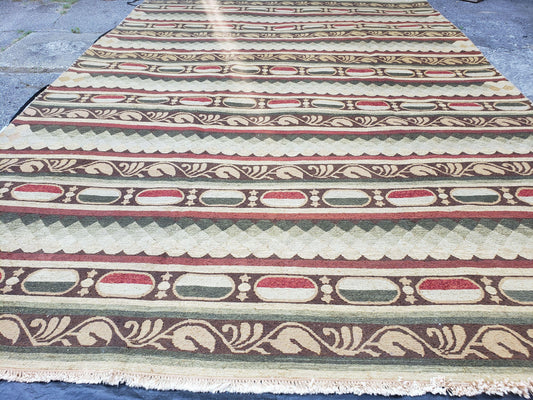 Large Vintage Striped Rug, Handmade, Earth Tone Decor, Beiges Slate Gray Dark Red, Flatweave Indian Striped Carpet, Indian Kilim 10x14, Wool - Nuvé