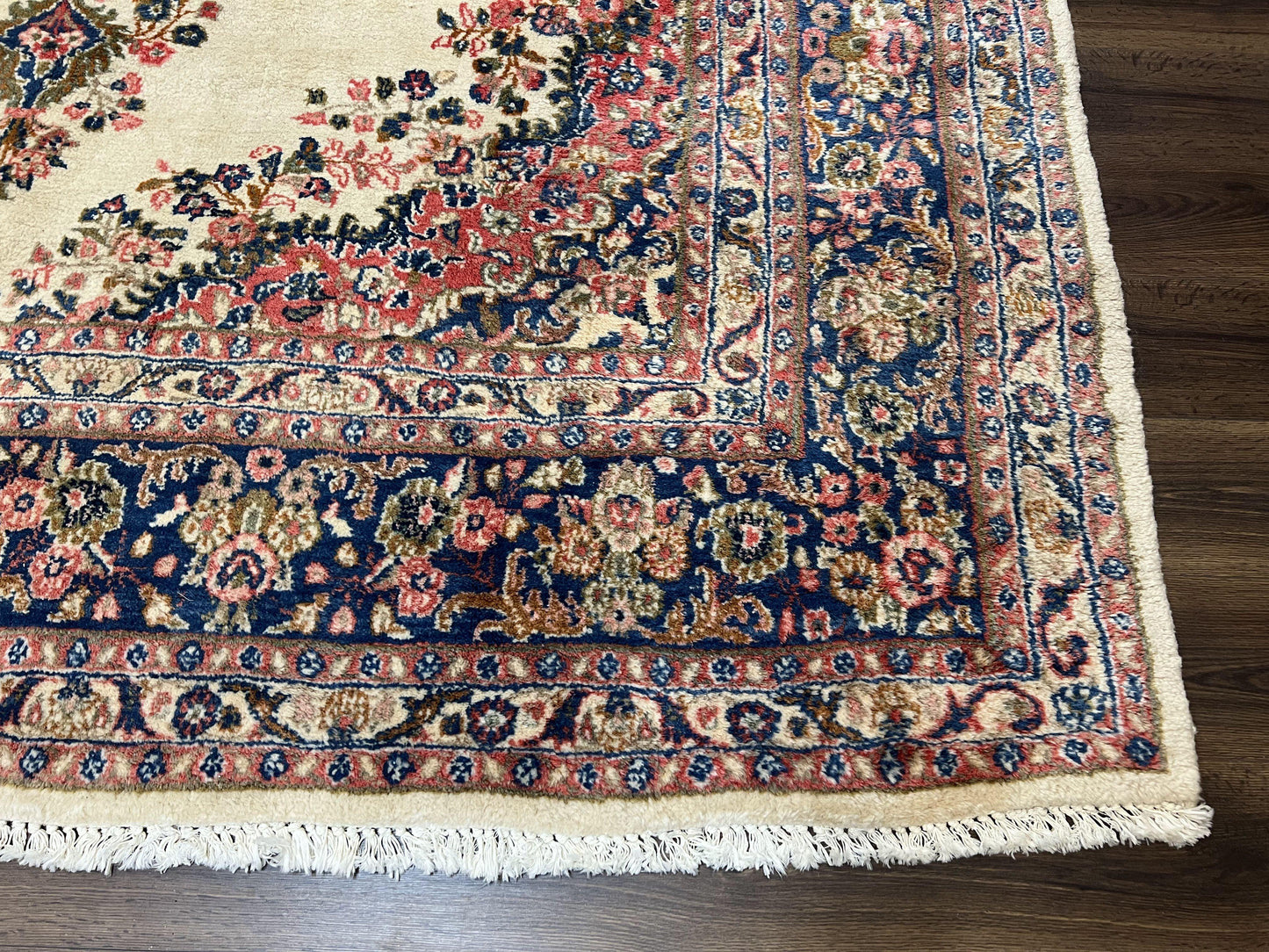 Persian Rug 9x10, Hamadan Rug, Antique Oriental Carpet, Wool Rug, Semi Open Field, Cream and Navy Blue, Kirman Design Hand Knotted Almost Square Rug - Nuvé