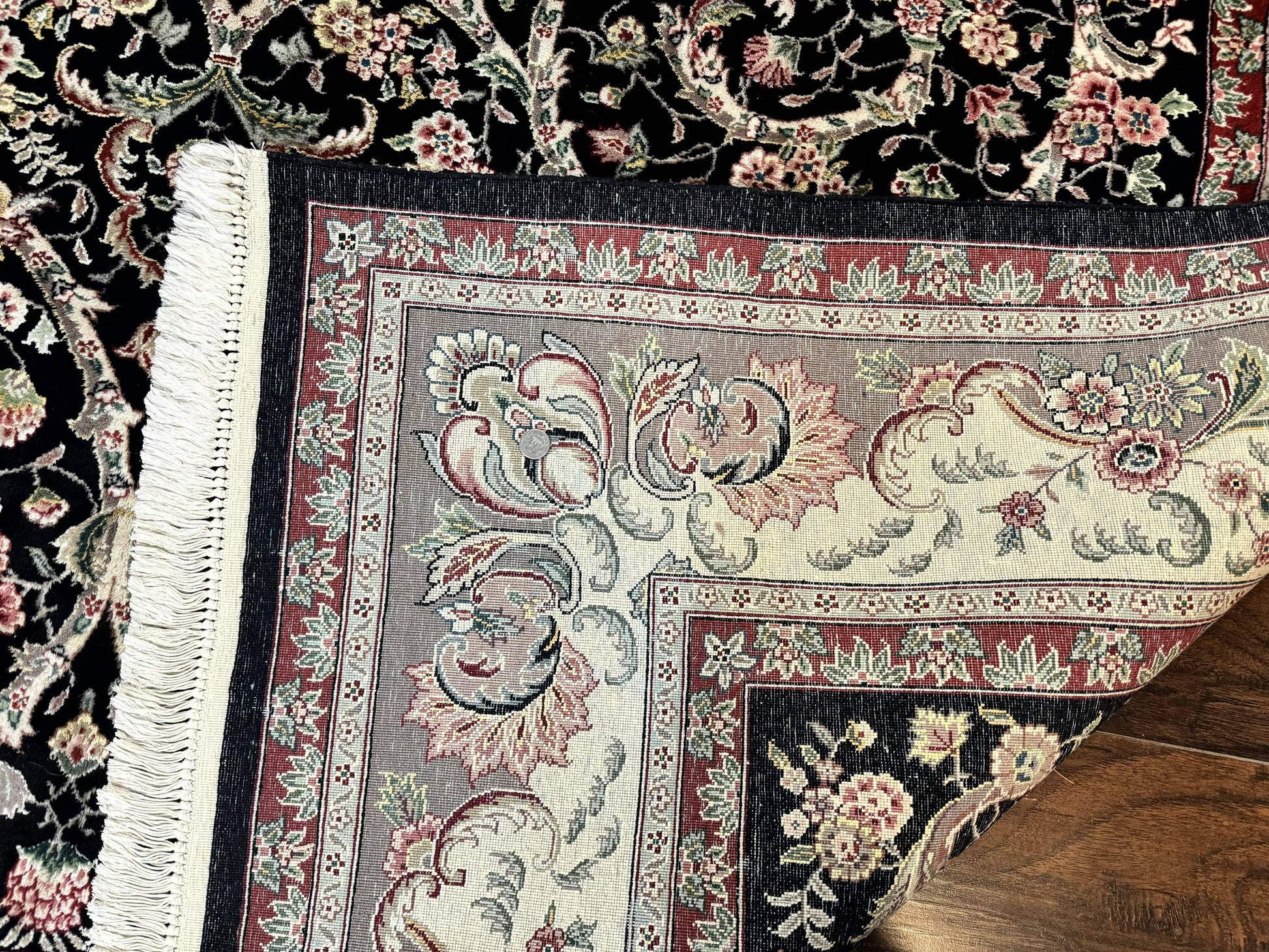 Black Pak Persian Rug 8x11, Floral Pattern, Hand Knotted Vintage Wool Rug with Silk Highlights, Fine 200 KPSI - Nuvé