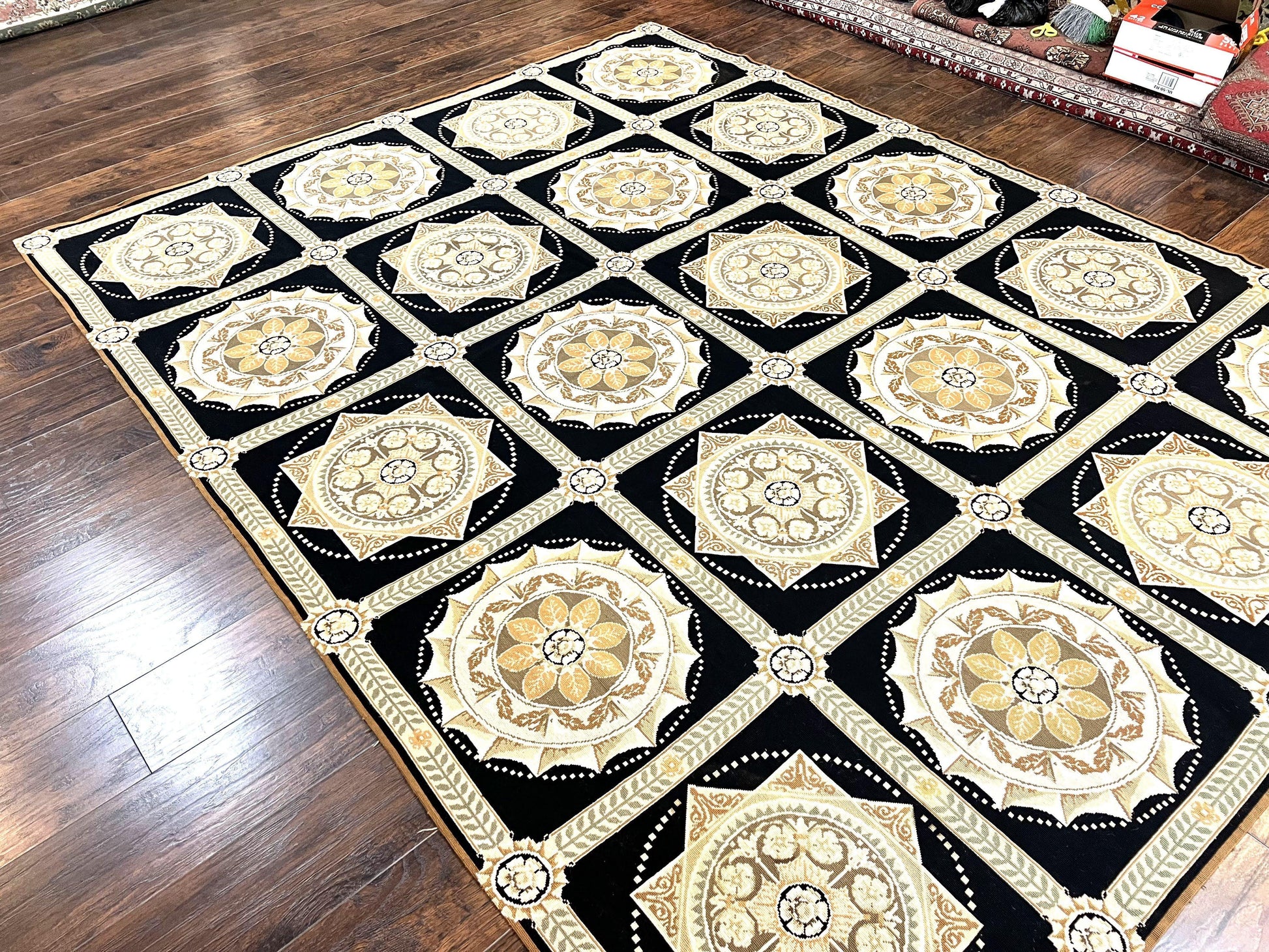 Needlepoint Rug 8x10, Black Tan Beige, Panel Design, Wool Handwoven Handmade Flatweave Needlepoint Carpet, Vintage French European Rug - Nuvé