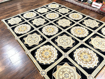 Needlepoint Rug 8x10, Black Tan Beige, Panel Design, Wool Handwoven Handmade Flatweave Needlepoint Carpet, Vintage French European Rug - Nuvé