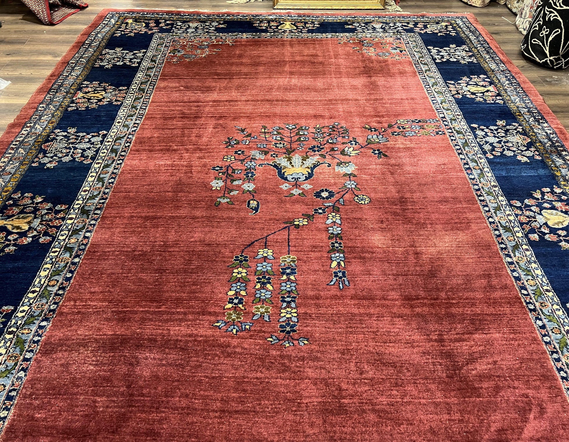 Large Persian Sarouk Rug 10x17, Open Field, Red and Navy Blue, Palace Sized Oversized Hand Knotted Wool Oriental Carpet Flowers Vases Antique 1920s - Nuvé
