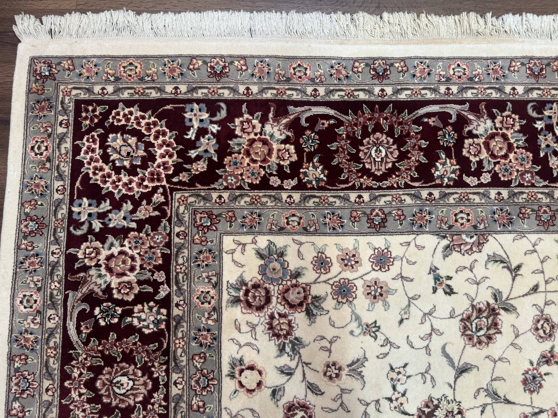 Sino Persian Rug 9x12, Floral Allover Design, 170 KPSI, Ivory and Dark Maroon - Nuvé