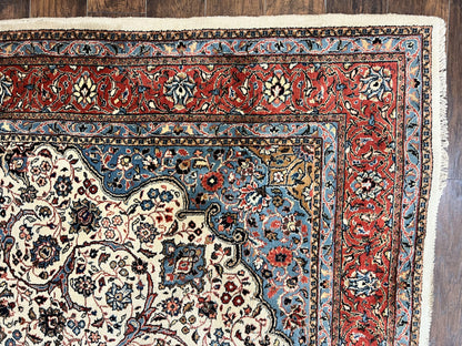 Persian Sarouk Rug 8x12, Wool Hand Knotted Antique Carpet, Floral Medallion, Cream Red, Traditional Oriental Rug - Nuvé