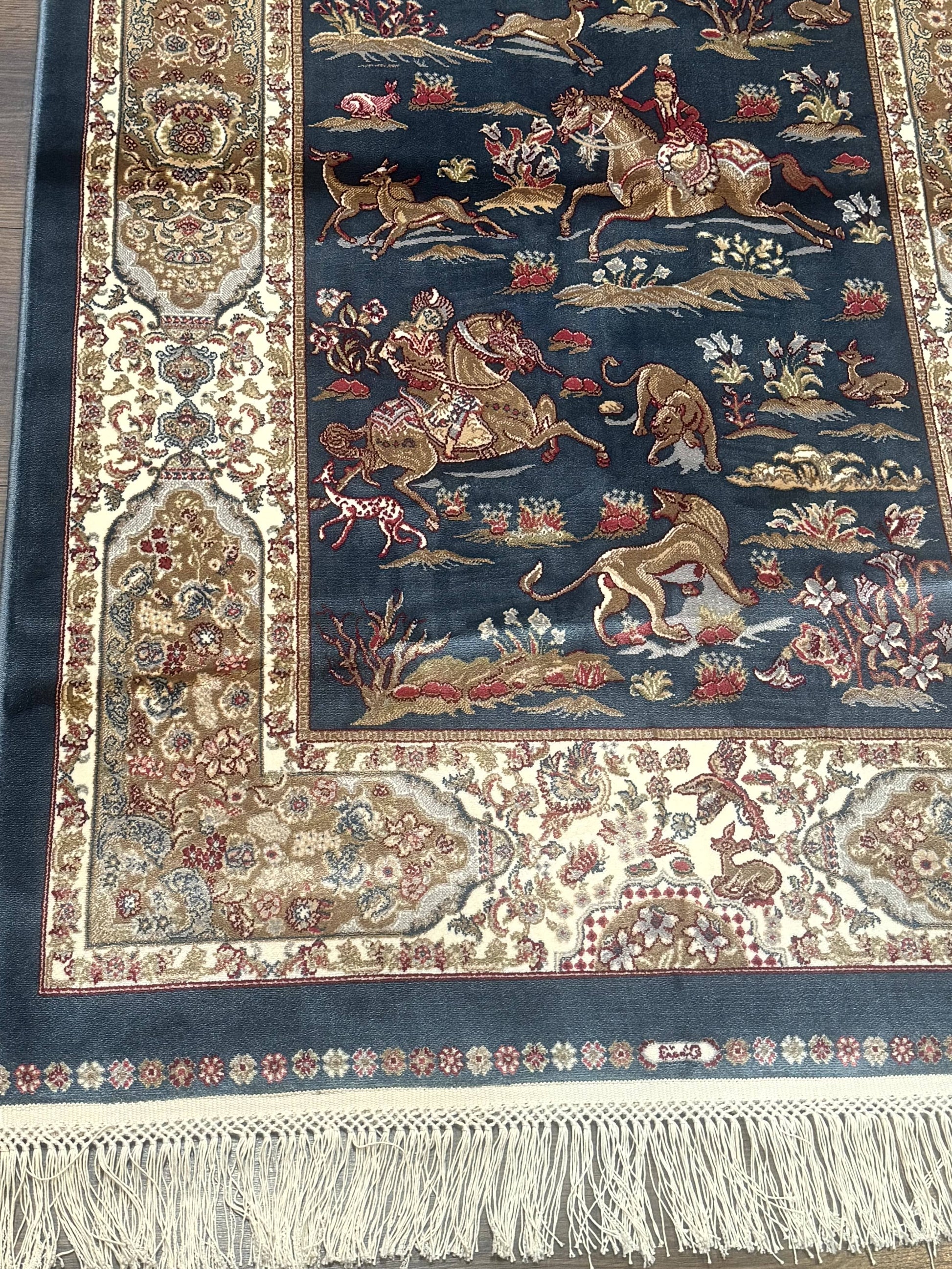 Turkish Silk Hunting Scene Rug 2.6 x 5, Dark Steel Blue & Ivory, Bamboo Silk, New - Nuvé