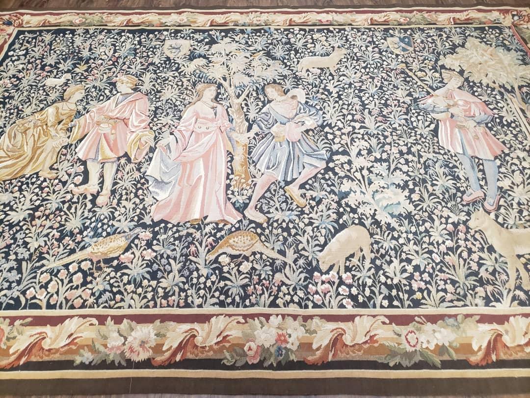 Vintage European Tapestry 5.4 x 7.11, Antique Style European Wall Hanging, Aubusson Weave Handmade Tapestry, Courtship Dating Scene, Animals - Nuvé