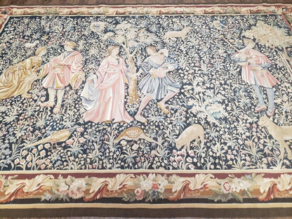 Vintage European Tapestry 5.4 x 7.11, Antique Style European Wall Hanging, Aubusson Weave Handmade Tapestry, Courtship Dating Scene, Animals - Nuvé