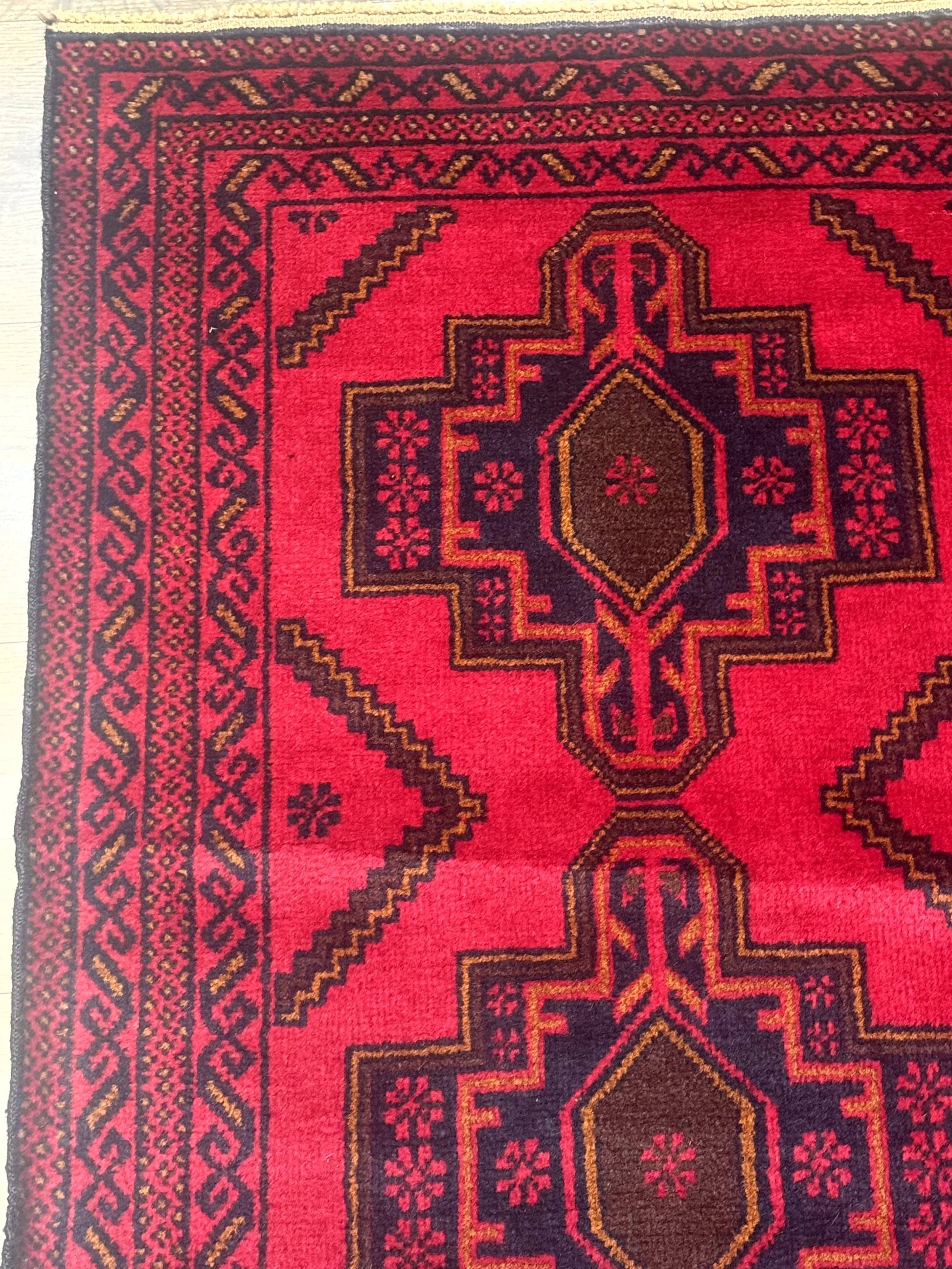 Afghan Rug 4x7, Tribal Carpet, Balouch Rug, Red and Navy Blue, Repeated Medallions, New - Nuvé