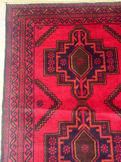 Afghan Rug 4x7, Tribal Carpet, Balouch Rug, Red and Navy Blue, Repeated Medallions, New - Nuvé