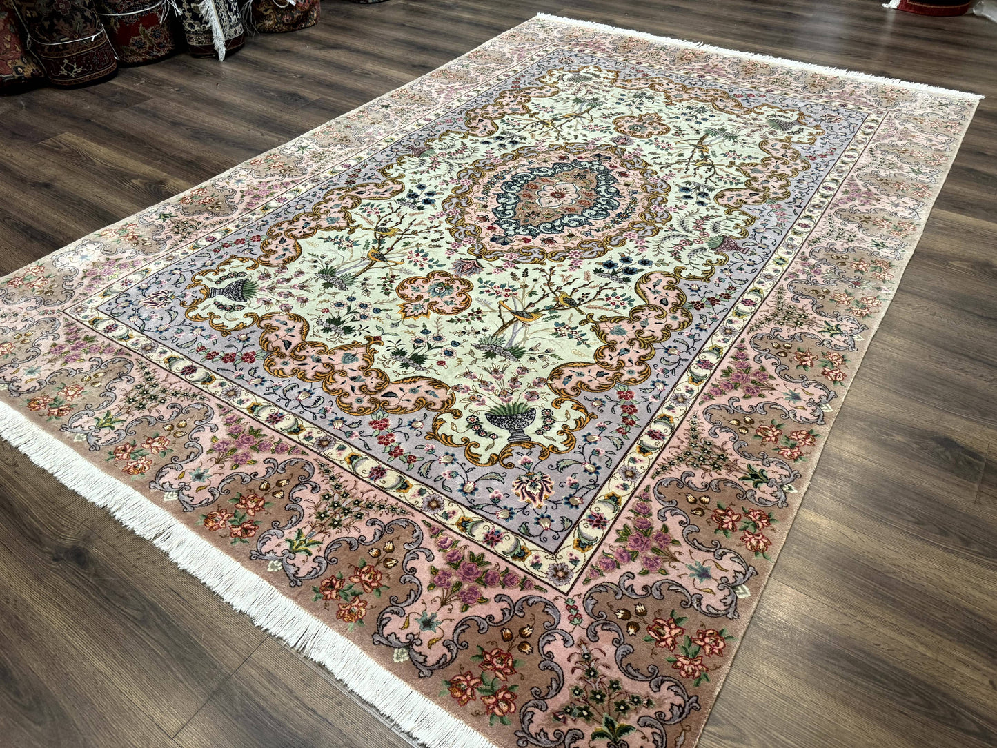Wonderful Persian Tabriz Rug 7x10, Very Fine 330 KPSI, Light Green Light Blue Pink, Kork Wool Silk Foundation, Bird Pictorials - Nuvé
