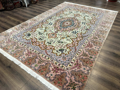 Wonderful Persian Tabriz Rug 7x10, Very Fine 330 KPSI, Light Green Light Blue Pink, Kork Wool Silk Foundation, Bird Pictorials - Nuvé