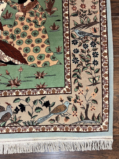 Indo Persian Pictorial Rug 4x7, Handmade Hand Knotted Wool Semi Antique Horizontal Carpet, Men & Women Drinking, Fine Rug, Bird Pictorials - Nuvé