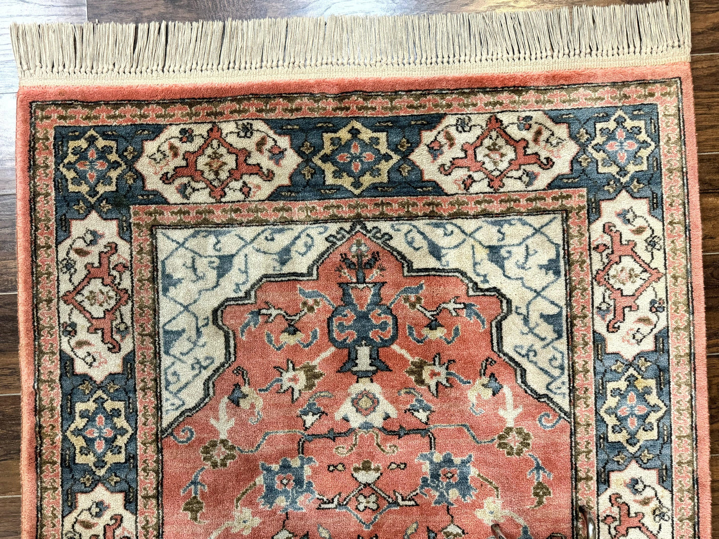 Karastan Rug 4x6 Bergama Design #737, Karastan Area Rug, Vintage Wool Karastan Carpet, Original Collection 700 Series, Salmon Red Light Blue - Nuvé