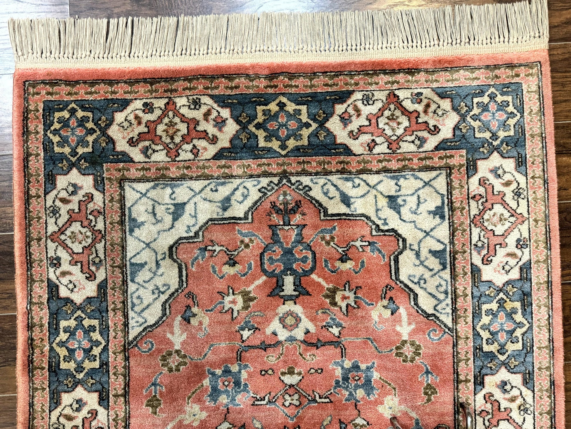 Karastan Rug 4x6 Bergama Design #737, Karastan Area Rug, Vintage Wool Karastan Carpet, Original Collection 700 Series, Salmon Red Light Blue - Nuvé