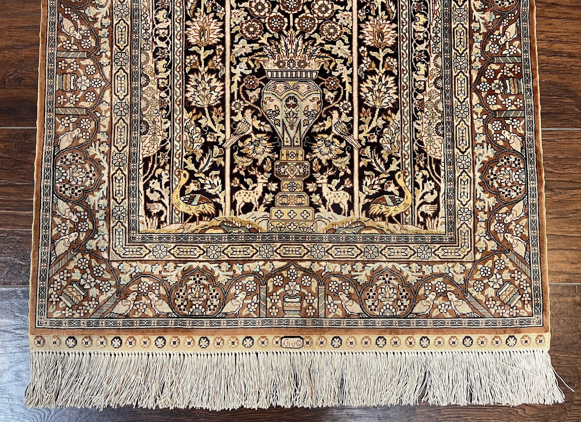 Turkish Silk Hereke Rug 2x3, Floral Vase Tree of Life Birds, Silk Pile on Silk Foundation, Vintage Oriental Carpet, Very Fine, Signature - Nuvé