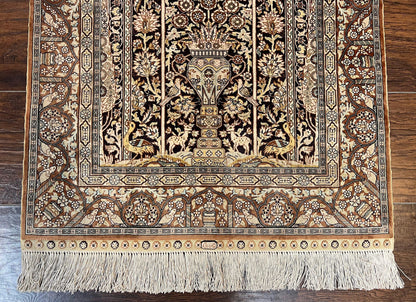Turkish Silk Hereke Rug 2x3, Floral Vase Tree of Life Birds, Silk Pile on Silk Foundation, Vintage Oriental Carpet, Very Fine, Signature - Nuvé