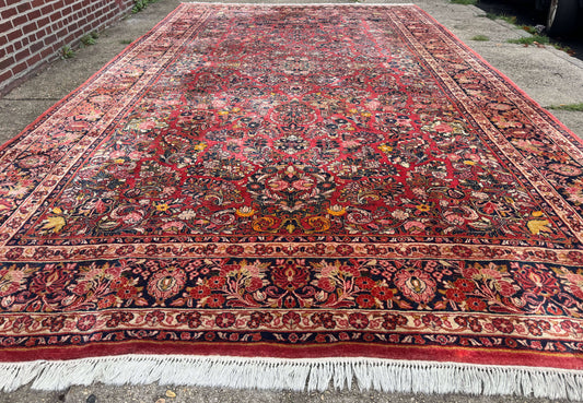 Large Antique Persian Sarouk Rug 11x18, Red, Floral Allover, Palace Size Wool Handmade Carpet - Nuvé