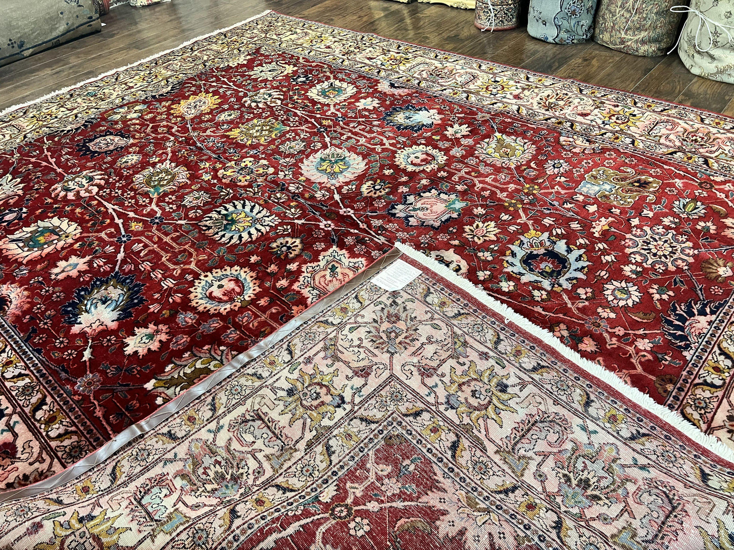 Persian Tabriz Rug 10x12, Floral Allover, Handmade Vintage Wool Carpet, Red and Cream - Nuvé